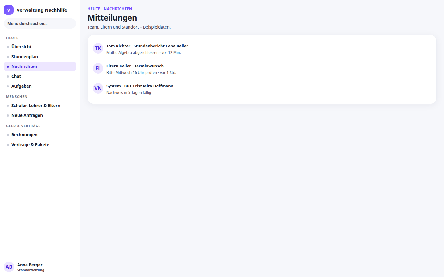 Mitteilungen an Team und Eltern